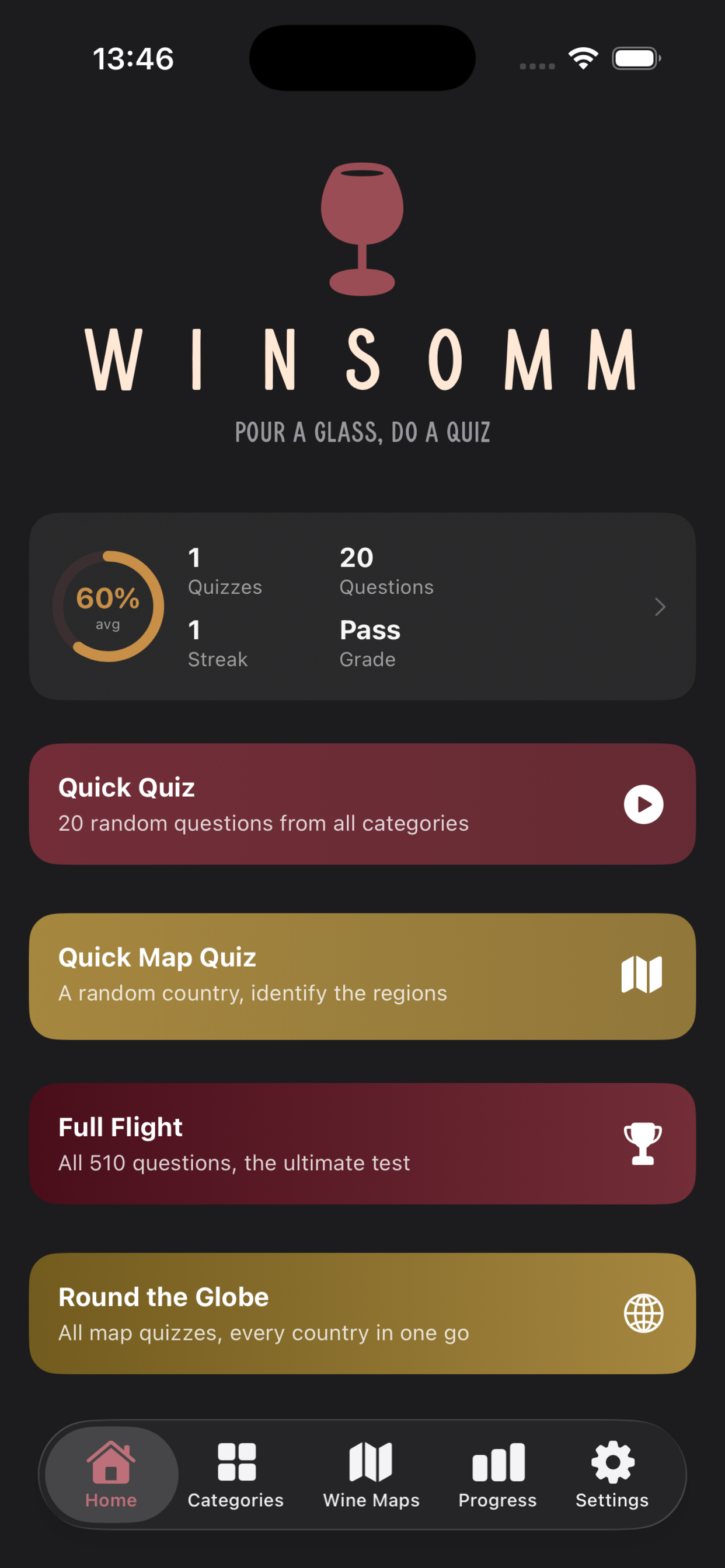 Winsomm home screen showing Quick Quiz, Quick Map Quiz, Full Flight and Round the Globe modes