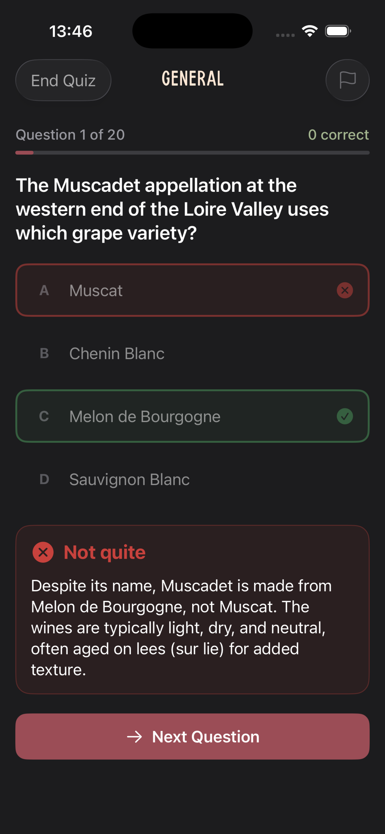 Quiz question about Muscadet with answer feedback