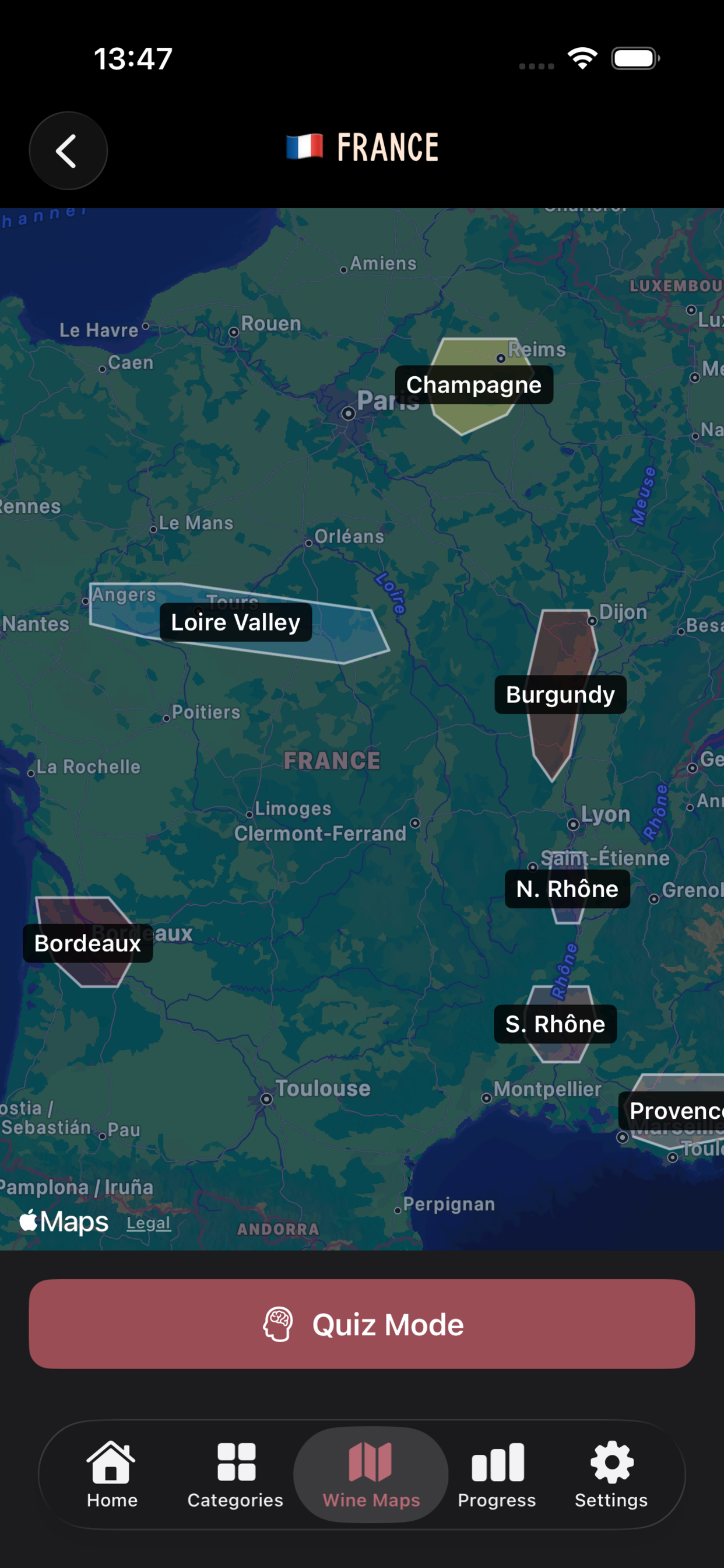 Interactive map of France showing wine regions